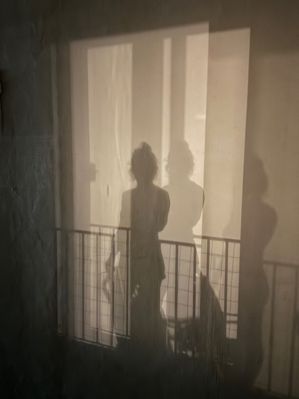 Sombra de una mujer proyectada en la pared, frente a un balcón